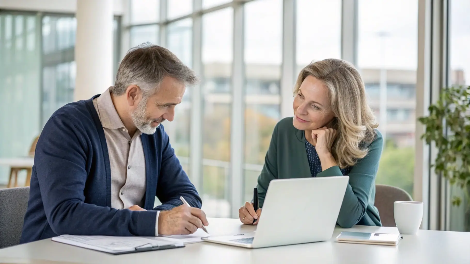 A consultant discussing business challenges with a client in a modern office setting.