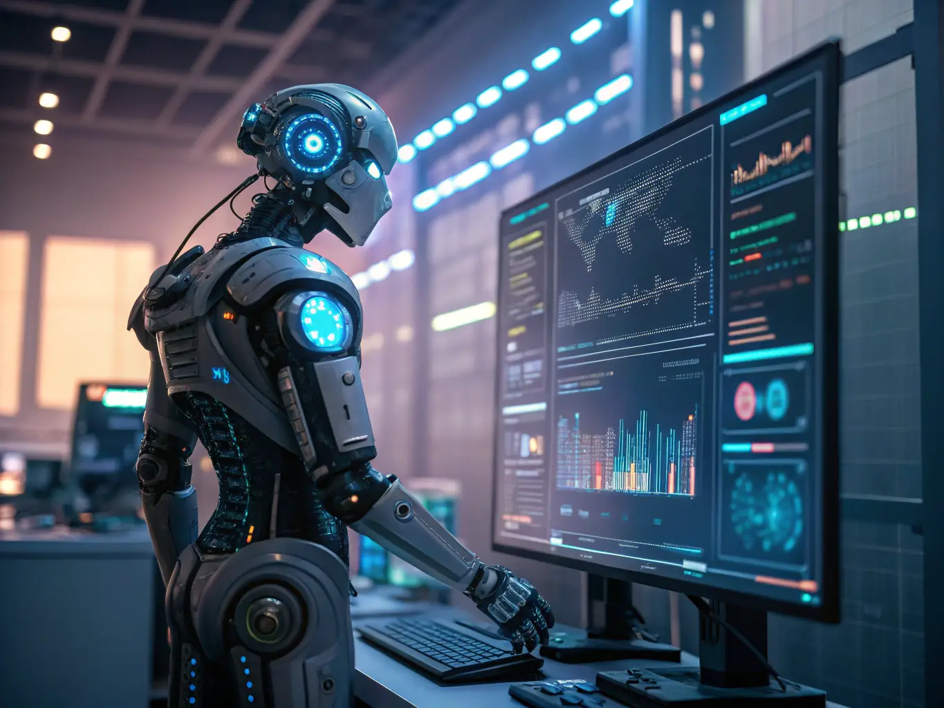 An image of a robot or AI interface working alongside business professionals, symbolizing Technoflow's Custom AI Solutions.